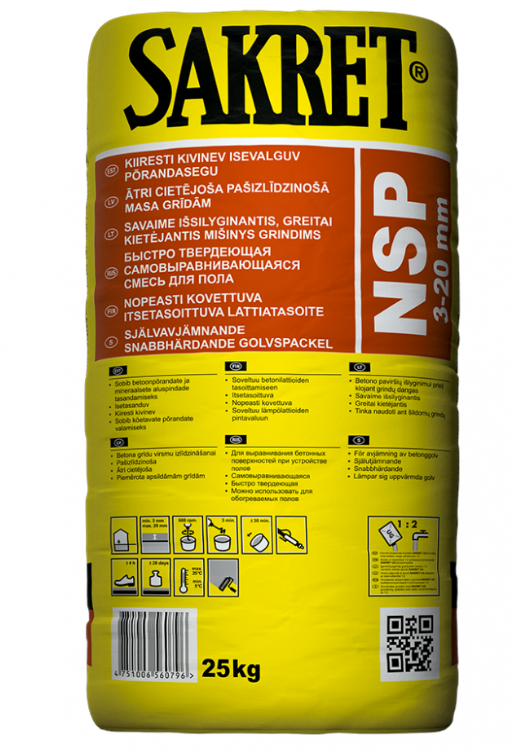 Sakret NSP - Ātri cietējošā grīdas pašizlīdzinošā masa (3-20 mm), 25kg.